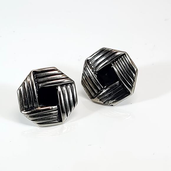 Vintage Hexagonal Textured Earrings, Silver & Gold Tone, Geometric Design - Picture 2 of 10